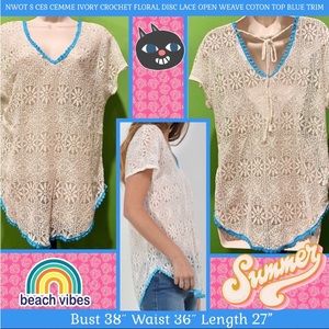 NWOT S LACE SHEER  TOP OFF-WHITE W BLUE TRIM & CHUNKY BACK TIES Ces-Femme